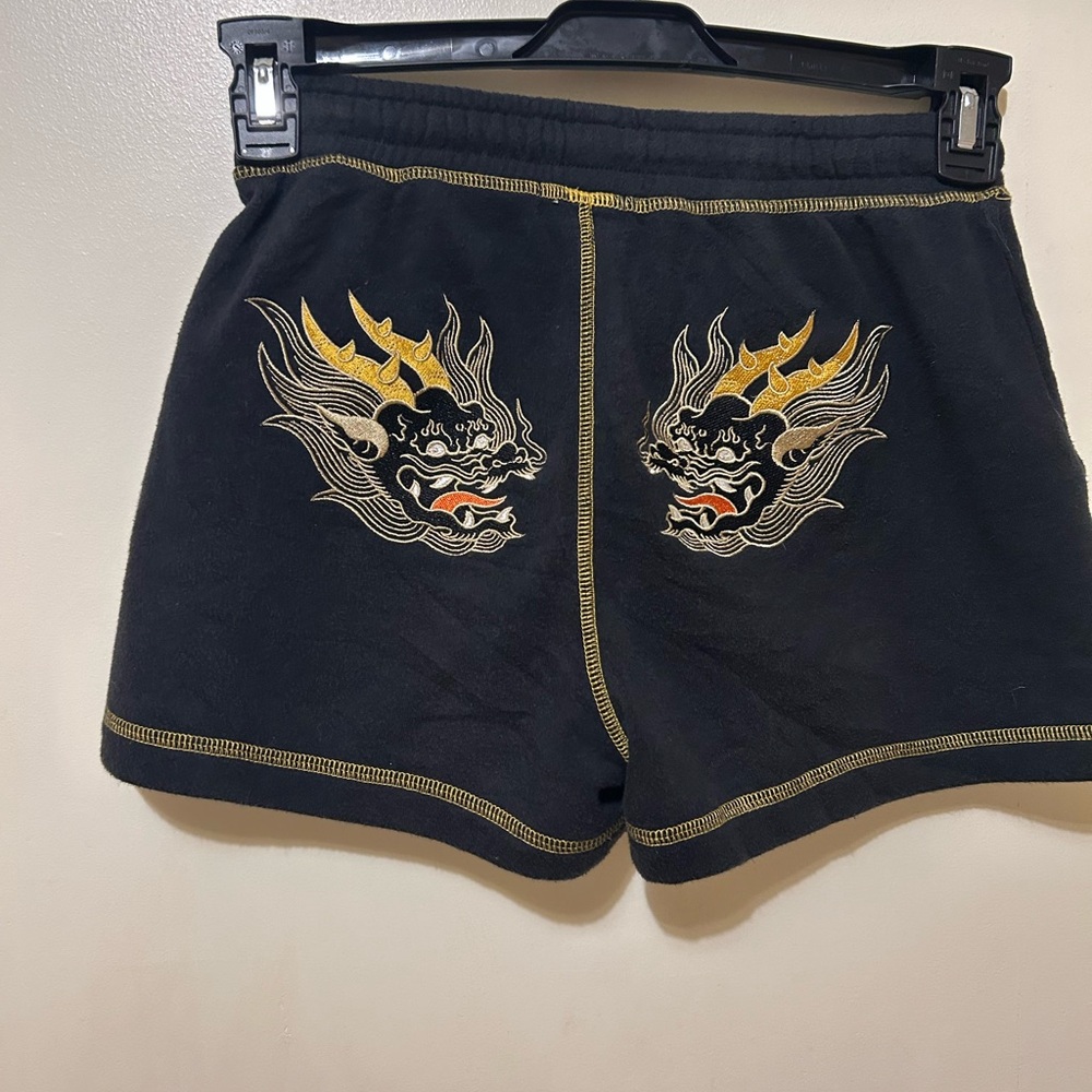Black Drawstring Embroidered Dragon Shorts with Gold Stitching Sz Small